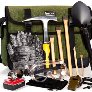 INCLY 15 PCS Geology Rock Pick Hammer Kit, 32oz Hammer & 3 PCS Digging Chisels Set for Rock Hounding, Gold Mining & Prospecting Equipment Tool Gear Shovel Musette Bag, Compass, Whistle, Wooden Chisel-0