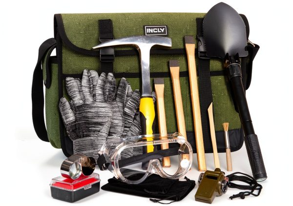 INCLY 15 PCS Geology Rock Pick Hammer Kit, 32oz Hammer & 3 PCS Digging Chisels Set for Rock Hounding, Gold Mining & Prospecting Equipment Tool Gear Shovel Musette Bag, Compass, Whistle, Wooden Chisel-0